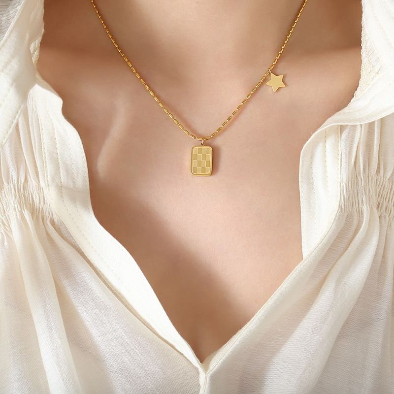 Titanium Steel Fashion Retro Chessboard Square Star Pendant Necklace